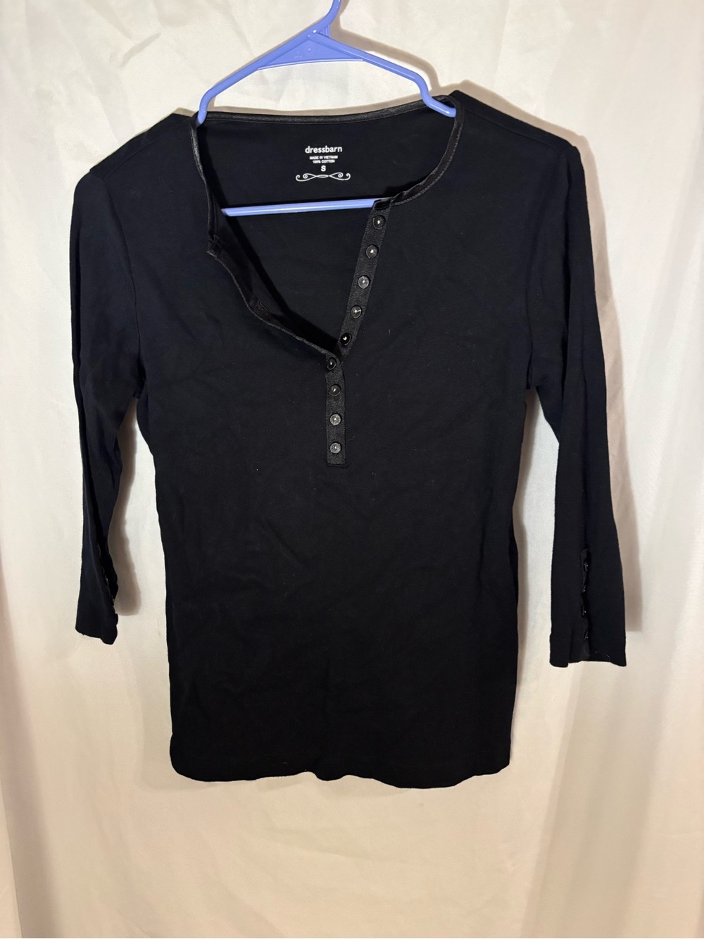 dressbarn Black Button-Placket Long Sleeve Henley Top